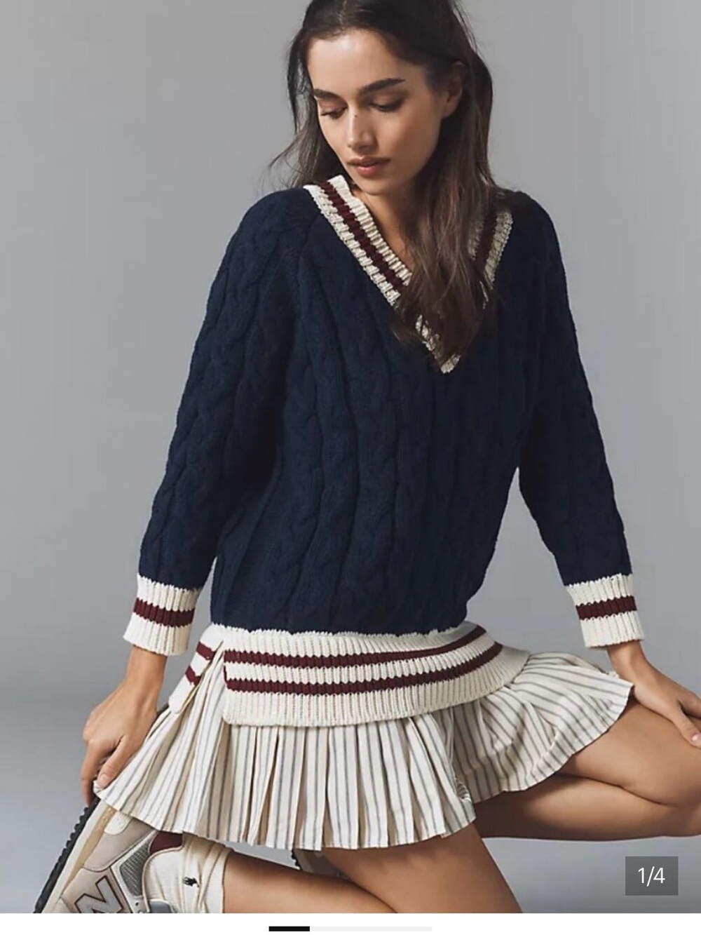 En Saison Navy Cable V-Neck Sweater with Cream & Maroon Trim